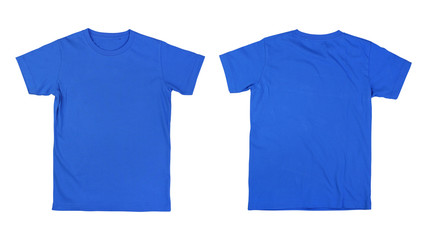 Front and back blue tshirt on white background
