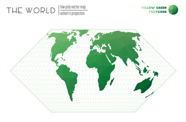 Low poly design of the world. Eckert II projection of the world. Yellow Green colored polygons. Contemporary vector illustration.