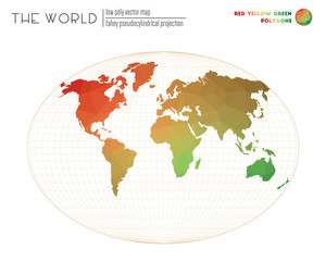 Low poly world map. Fahey pseudocylindrical projection of the world. Red Yellow Green colored polygons. Elegant vector illustration.