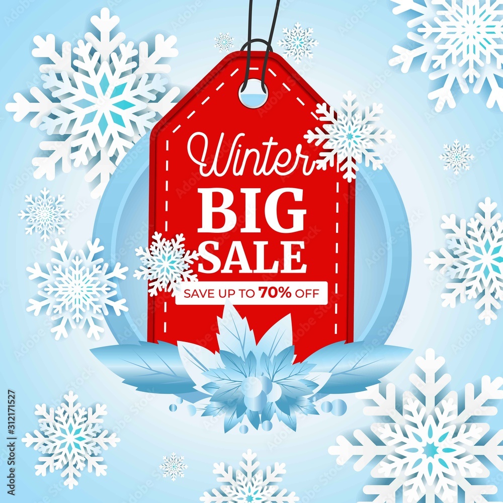 Wall mural Winter sale tag vector banner and poster. Poster containing a red sale tag hanging with geometric papercut snowflakes. There are also frozen flora leaf decorations. Modern vector banners and posters