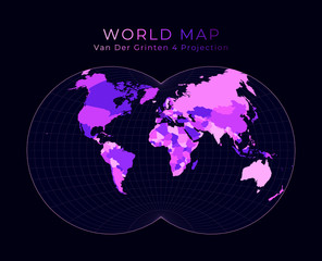 World Map. Van der Grinten IV projection. Digital world illustration. Bright pink neon colors on dark background. Charming vector illustration.