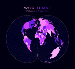 World Map. American polyconic projection. Digital world illustration. Bright pink neon colors on dark background. Powerful vector illustration.
