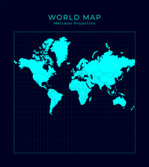 Map of The World. Spherical Mercator projection. Futuristic Infographic world illustration. Bright cyan colors on dark background. Trendy vector illustration.
