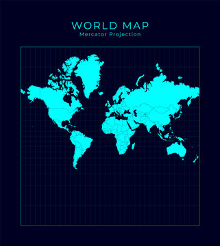 Map of the World. Spherical Mercator projection. Futuristic infographic world illustration. Bright cyan colors on dark background. Trendy vector illustration.