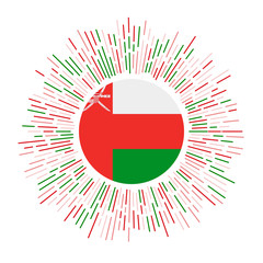 Oman sign. Country flag with colorful rays. Radiant sunburst with Oman flag. Vector illustration.