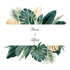 Tropical banner arranged from exotic emerald and golden glitter leaves © lavendertime