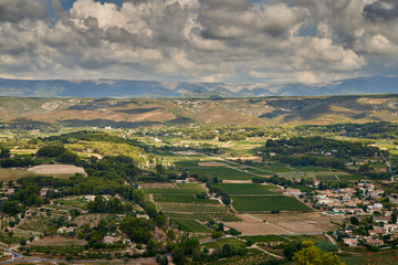 view of the vineyards on the provence valley floor from le castellet