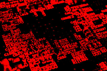 Macro shot of Circuit board with resistors microchips and electronic components. Computer hardware...