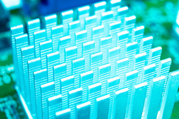 Macro shot of Circuit board with resistors microchips and electronic components. Computer hardware...