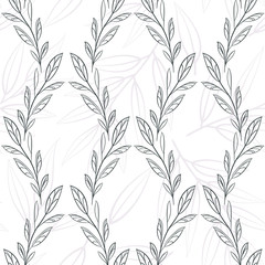 Vector seamless pattern with black outline branches and leaves; abstract floral design for fabric, wallpaper, wrapping paper, textile, web design.