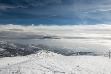 view from Barania Gora hill in winter Beskid Slaski mountains in Poland