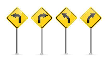 Curved road sign set on white background. Vector illustration.