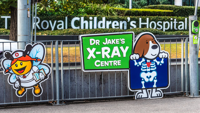 Melbourne, Victoria, Australia, May 5th, 2019: The tram stop in front of the Royal Children's Hospital is specially decorated to make children feel better about going to hospital.