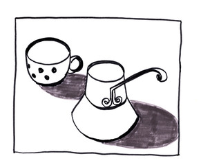 black and white graphic drawing of cezve and cup