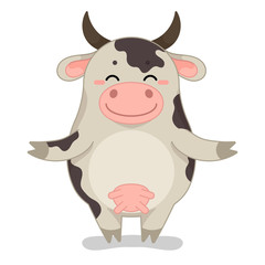Childish vector illustration with cute happy cow.