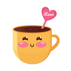 Funny yellow mug of hot chocolate, coffee or cocoa with a pink heart. Kawaii cartoon character. Nice Cup with a sweet drink. Isolated vector object on a white background. Flat style
