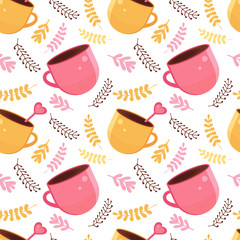 Seamless pattern of yellow and pink color with a mug of hot chocolate, cocoa or coffee with a spoon in the shape of a heart. Warming winter drink in the vector. Background for textile, paper, fabric.