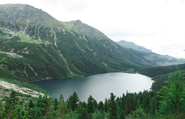 Fototapeta na wymiar Landscape.View of Lake Morskie Oko from above. Tatra National Park. Tatra Mountains. Background, Wallpaper