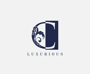 C Letter Classic Floral Vintage Logo. Luxury C Swirl Square Logo Icon