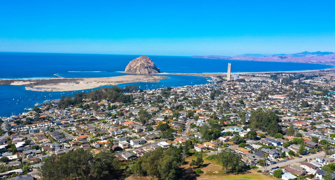 Aerial view, Morro Rock is a landmark at Morro Bay on the central California coast