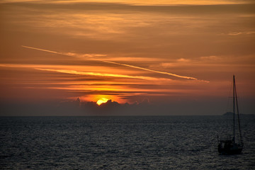 Setting sun at Lipe island,southern Thailand. Sunset at sea landscape.