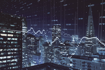 Financial graph on night city scape with tall buildings background multi exposure. Analysis concept.