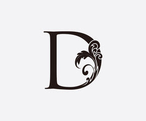 D Letter Classy Floral Logo Icon, Initial D Vintage Swirl Design.