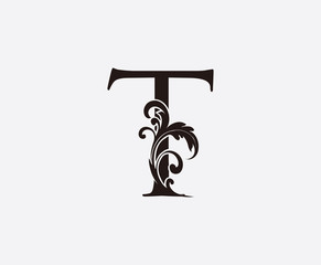 T Letter Classy Floral Logo Icon, Initial T Vintage Swirl Design. © bintank