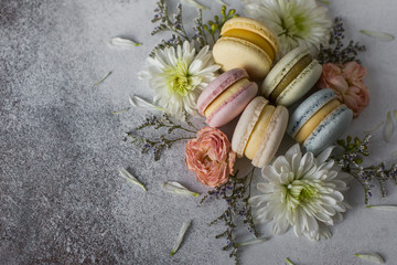 On a gray background macaroons in flowers