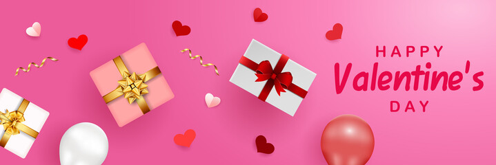 Happy Valentine's Day banner template with paper hearts, gift boxes, and balloons on pink background