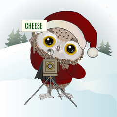 owl boy photographs in red Santa hat and sweater, with an old vintage camera on a tripod with flash and curtain and he holding a sign saying Cheese, color clip-art on winter landscape