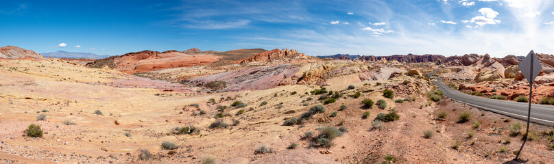 Rainbow Canyon VIsta on White Domes Scenic Byway at Valley of FIre State Park, Nevada, near Las Vegas, sunny spring day, USA