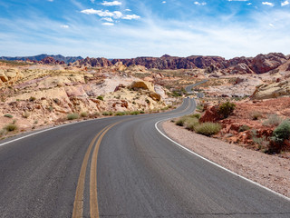 Road view White Domes Road with desert scenery in Valley of FIre State Park, Nevada, near Las Vegas, sunny spring day, USA