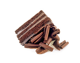 Chocolate cake slice with curl on white background