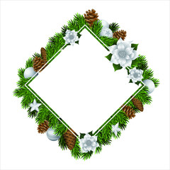 Carte écologique décorée de branches de sapin, de pommes de pin, de boules de Noël et de fleurs avec au centre un losange blanc pour écrire votre texte.