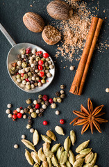 A mixture of spices on a dark background, peppercorns, nutmeg, coriander, anise star and cinnamon stick