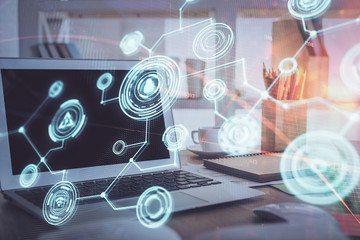 Computer on desktop with social network theme icon. Multi exposure. Concept of international connections.