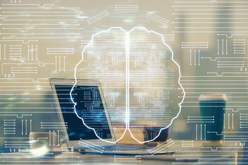 Double exposure of work table with computer and brain sketch hologram. Brainstorming concept.