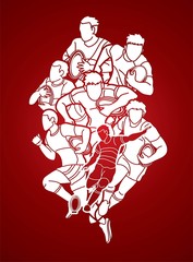 Group of Rugby players action cartoon sport graphic vector