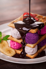 Delicious waffle dessert and ice cream