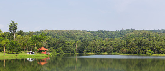 Camping tent by a lake Jedkod-Pongkonsao Natural Study in Saraburi Thailand