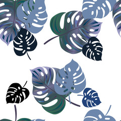 Seamless pattern background from gray-blue stylized huge leaves of Monstera deliciosa isolated on a white background, watercolor handmade. Botanical illustrations for printed fabric, wallpaper, paper,