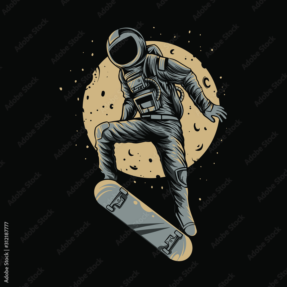 Wall mural astronaut in space with skateboard on noight background