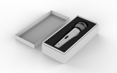 3d Microphone inside the box isolated on a white background. 3d illustration