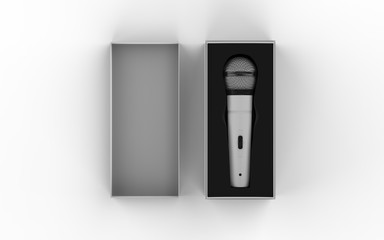 3d Microphone inside the box isolated on a white background. 3d illustration