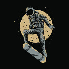 astronaut in space with skateboard on noight background