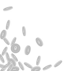 Russian ruble coins falling. Scattered black and w