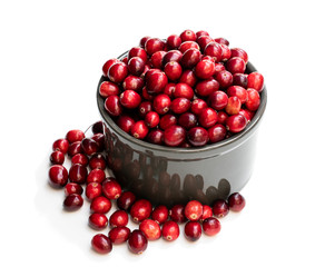 Fresh cranberries in ceramic pot isolated on white