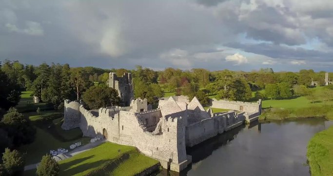 Aerial view of Desmond castle ruins. Adare, Ireland. May 2019