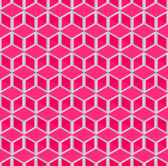 Fototapeta premium Pink 3d square boxes or cubes vector background. Rhombus, triangle and hexagon repeat pattern background.
